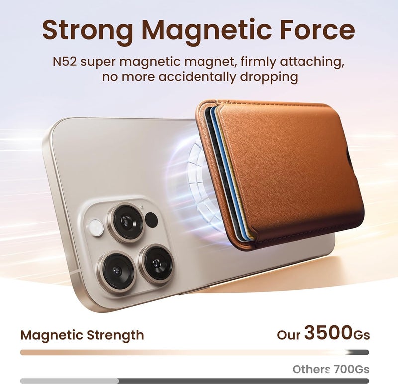 SOUNDBYTE Stronger Magnetic Wallet for iPhone 17/16/15/14/13/12 Series & for MagSafe Cases | N52 Magnet RFID Blocking Leather Magnetic Card Holder with Powerful Magnets | Holds 3 Cards | Dark Brown - Image 2